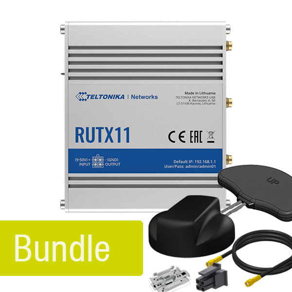 Teltonika RUTX11 Hotspot Bundle mit Panorama Dachantennenset (LTE+GPS 5m (schwarz)), Innenraum WLAN Antenne sowie Befestigungskit DIN-Schiene