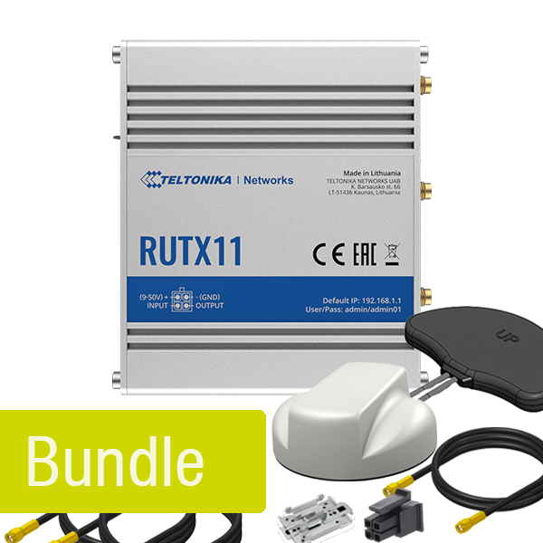 Teltonika RUTX11 Hotspot Bundle mit Panorama Dachantennenset (LTE+GPS 5m (weiß)), Innenraum WLAN Antenne sowie Befestigungskit DIN-Schiene