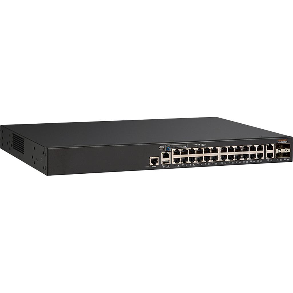 CommScope RUCKUS ICX 7150 Switch, 24x 10/100/1000 PoE+ ports, 2x 1G RJ45 uplink-ports, 4x 1G SFP uplink ports upgradable to up to 4x 10G SFP+ with license, 370W PoE budget, basic L3 (static routing and RIP)
