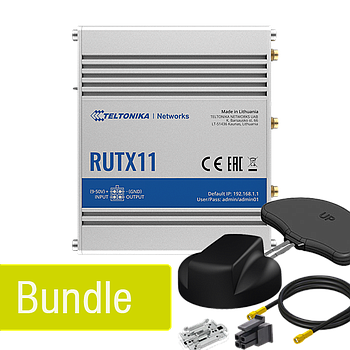 Teltonika RUTX11 Hotspot Bundle mit Panorama Dachantennenset (LTE+GPS 5m (schwarz)), Innenraum WLAN Antenne sowie Befestigungskit DIN-Schiene